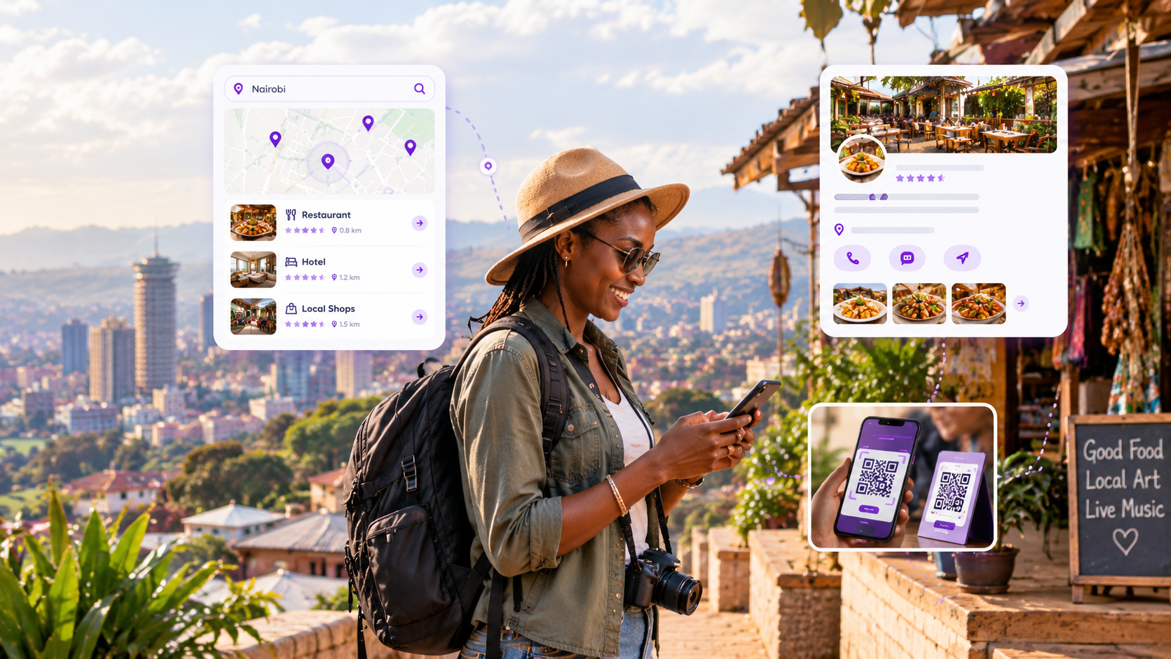 African traveller exploring a scenic destination using a smartphone